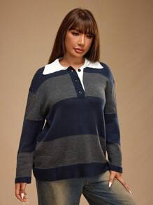 Forever 21 大码女士时尚保暖条纹高领长袖毛衣，秋冬款 - 彩色 - 查看 6