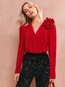 Poéselle Body floreale rosso, body casual da donna con decorazione floreale 3D a maniche lunghe, look donna autunnali, abiti da ballo, abiti da festa, abiti da donna per club, adatti per uso quotidiano, strada, ricevimenti, feste, abito di Natale, abito per compleanni