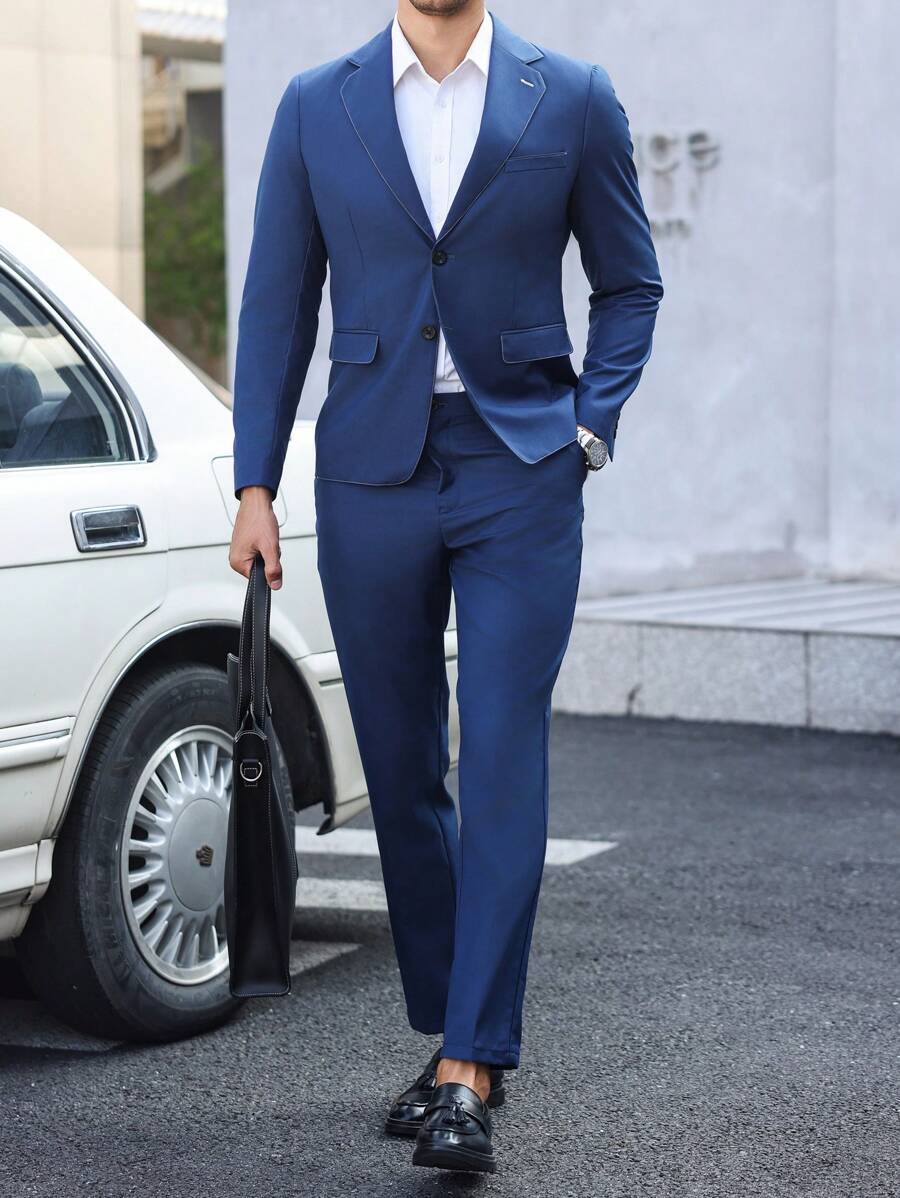 Manfinity Mode Men Casual Business 1-Button Notch Lapel Suit Jacket And Pants Set - Royal Blue - View 1