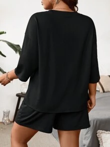 Calvaya Plus Size Summer Casual Solid Color Loose Fit Drop Shoulder T-Shirt And Short Set