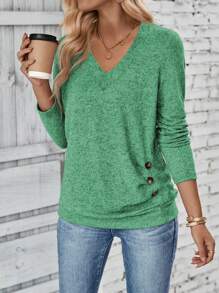 EMERY ROSE Women's Solid Color V-Neck Long Sleeve Pleated Button Design Casual T-Shirt, Fall & Winter - Green - View 3