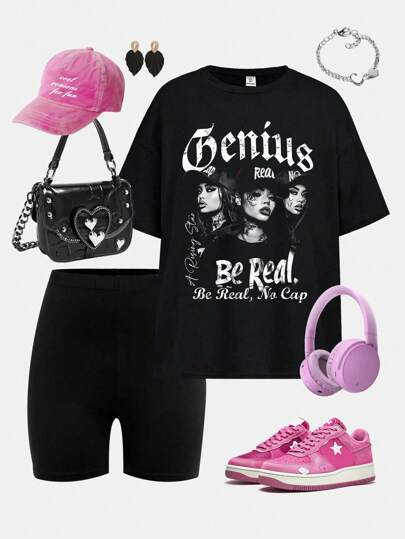 Sparklyn 2 件青少年女孩字母和肖像印花圆领 T 恤和纯色自行车短裤休闲套装