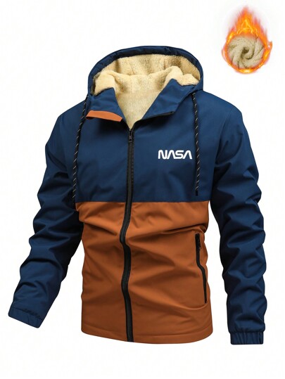 Manfinity Homme Men's Letter Graphic Colorblock Hooded Fleece Jacket, Outdoor Windbreaker For Fall Winter