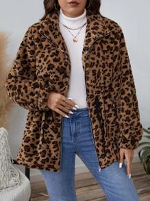 EMERY ROSE Plus Size Women's Thermal Casual Loose Leopard Print Long Sleeve Belted Coat, Fall & Winter Women Fleece Winter Hoodie Thanksgiving Holiday - Multicolor - View 3