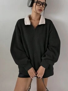 DAZY Damen Winter Langarm Sherpa Kragen Plüsch Sweatshirt mit Thermofutter - Schwarz - Übersicht 3