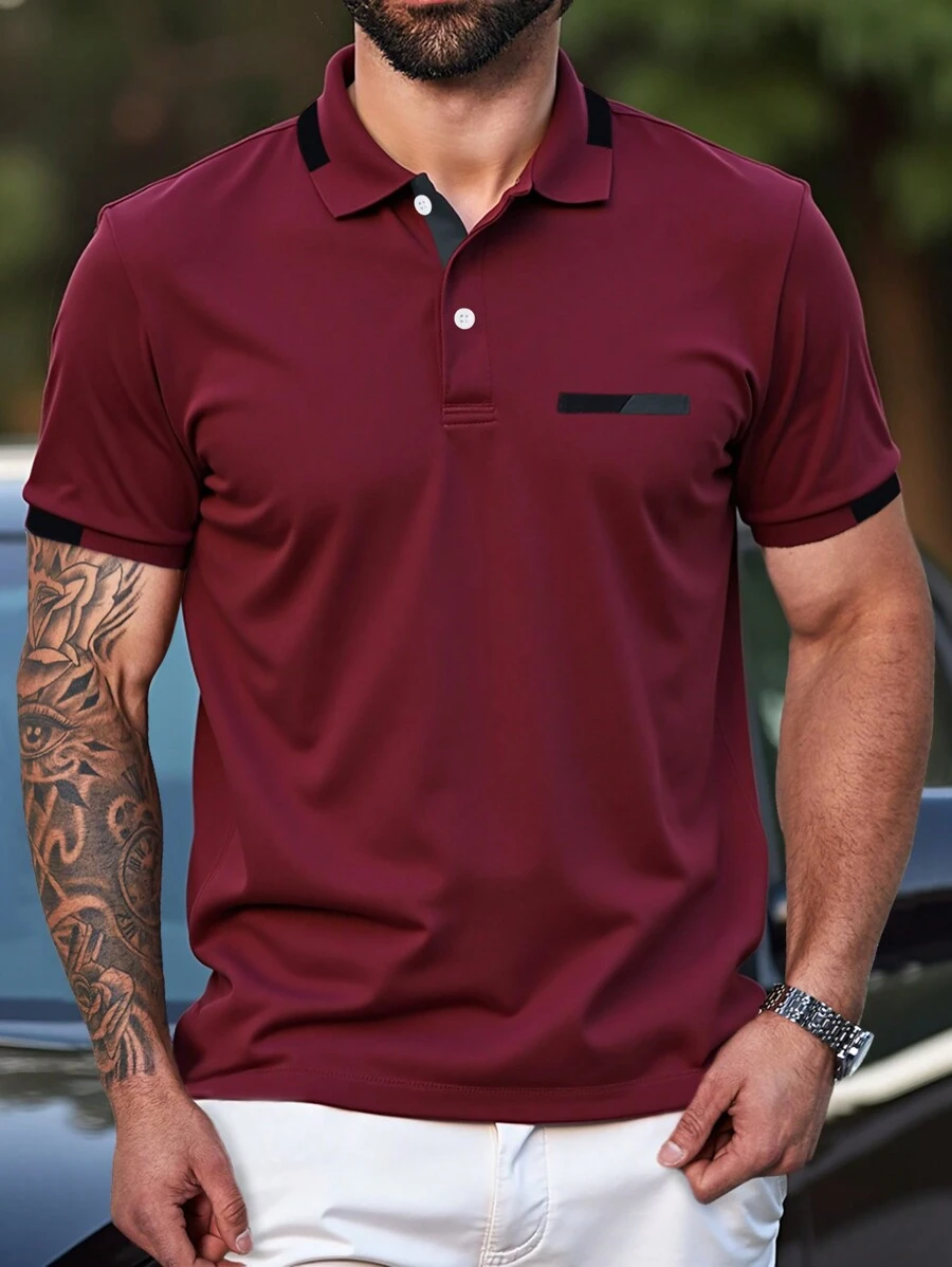 Manfinity Homme Plus Size Men's Contrast Color Trim Button Casual Short Sleeve Polo Shirt, Going Out - Multicolor - View 1
