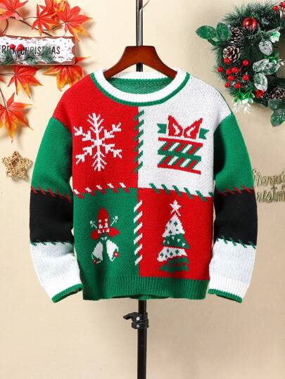 Jerseys navideños a juego en familia - Diseño de cuadrados de patchwork, color de contraste, árbol de Navidad, estrellas, copo de nieve para niños preadolescentes, otoño e invierno