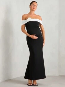 MaterniChic Maternity French Elegant Black Dress, Off Shoulder Neckline With Floral Decor, Slit Fish Tail Hem, Bodycon Fit, Suitable For Party, Wedding, Formal Occasion, Dress