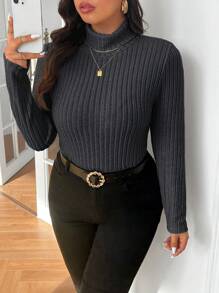 SHEIN Frenchy 大码罗纹高领紧身高领 T 恤，适合冬季 - 灰色 - 查看 1
