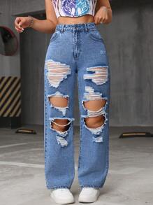 SHEIN EZwear 休闲洗水做旧直筒牛仔裤 - 淺色水洗藍 - 查看 1