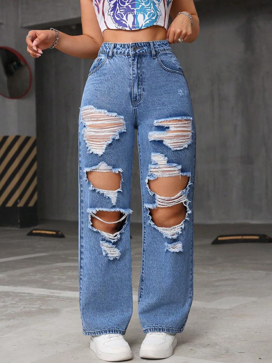 SHEIN EZwear 休闲洗水做旧直筒牛仔裤 - 淺色水洗藍 - 查看 1