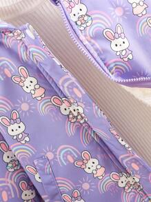 SHEIN Young Girls Rabbit Pattern Hooded Thermal Lined Jacket, Children Casual Cardigan For Back To School, Fall/Winter - Purple - View 6