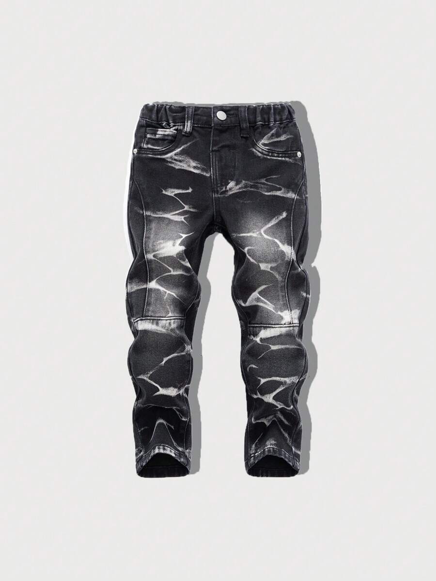 SHEIN Jeans de mezclilla negros de moda desgastados y rasgados informalmente para niño joven - Negro - Ver 1