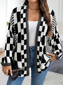 Elenzga Plus Size Women's Checkerboard Pattern Loose Cardigan, For Winter - Black - View 1