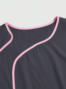 SHEIN TaskFit Women Color Block Trim Short Sleeve Top, Scrub Tops,Women's V-Neck Multi-Pocket Work Uniform Coat Tops, Women's Health Examination Surgical Uniforms, Pet Grooming, Dental Masseur Clothing, Studio Fashion Women's Work Uniforms, Nutritionist Work Clothes, Laboratory Work Clothes, Women's Tops, Multi-Pocket Functional Work Clothes, Tops With Buttons On The Collar For Easy Wearing And Taking Off, Functional Women's Clothing For Christmas, New Year And Valentine's Day, Winter And Spring Women's Clothing - Grey - View 5