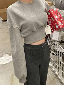 DAZY 女士高腰短款运动衫，修身款，长袖上衣，秋季服装 - 灰色 - 查看 7