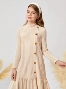 SHEIN Tween Girl 休闲罗纹高领拼布荷叶边下摆纽扣装饰中长连衣裙，杏色 - 适合居家、户外和学校穿着 - 杏色 - 查看 5