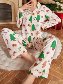 Christmas Pattern Print Lapel Long Sleeve Top & Pants Pajama Set Gingerbread Pajamas - Multicolor - View 1