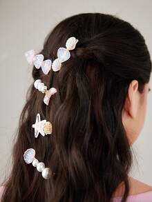 SHEIN MOD 5 件/套女士粉色贝壳、珍珠/珍珠母、亮片、不对称贝壳发夹，适合海滩、度假 - 粉色 - 查看 6