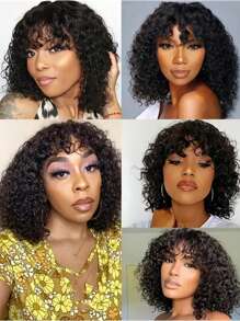 Short Curly Bob Wig Human Hair With Bangs 2x1 Transparent Lace Houston Classic Looks Glueless Wigs For Women Curly Bob Human Hair Wear And Go Brazilian Deep Curly Wigs With Bangs Natural Color - Natural Black - View 9