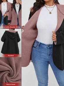 SHEIN LUNE Plus Size Solid Color Patchwork Long Sleeve Simple Jacket, Casual Everyday Wear - Multicolor - View 3