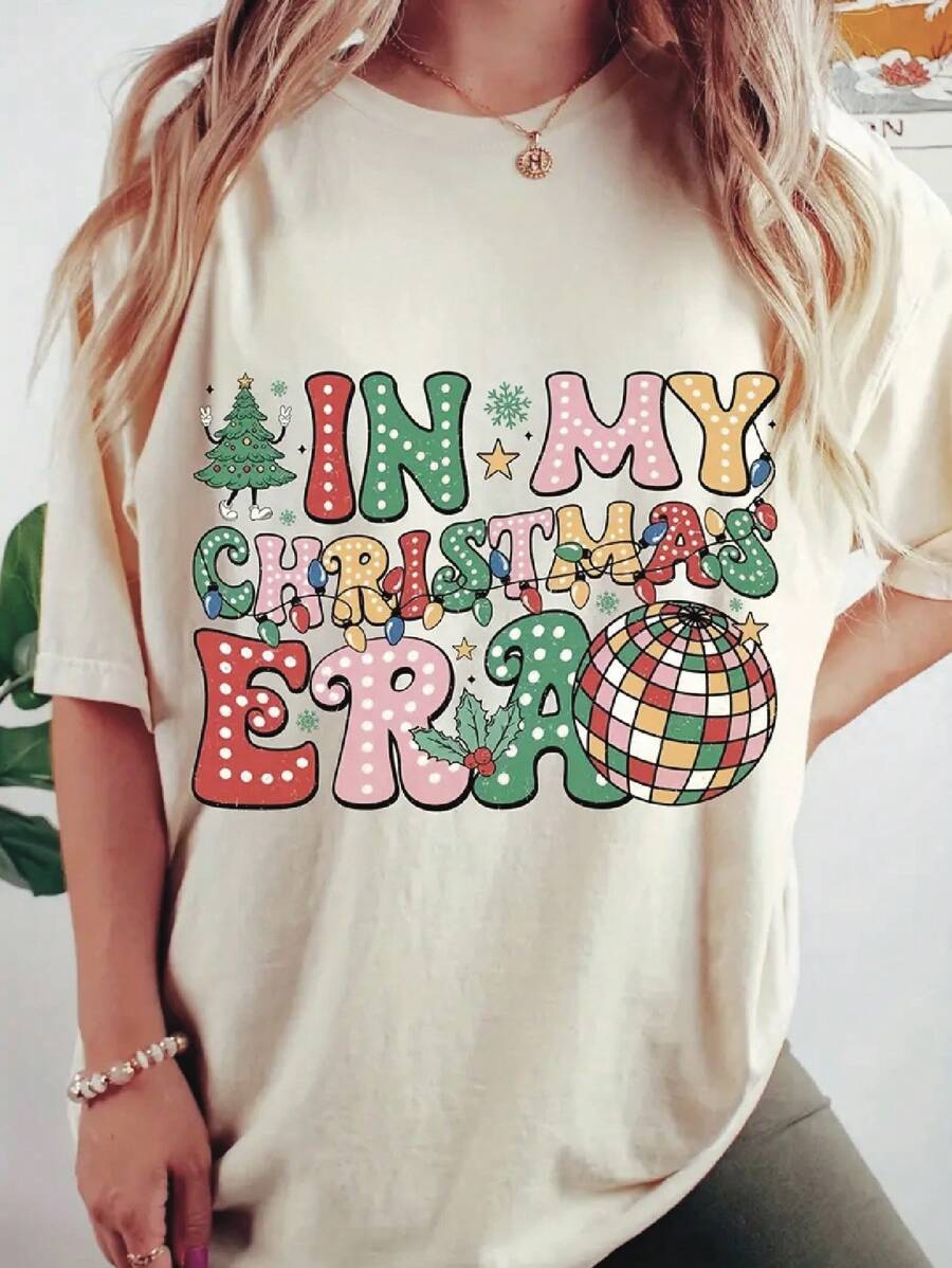 INAWLY Women's Christmas Theme Letter Print Crew Neck Short Sleeve T-Shirt Graphic Tees Women Tops - Apricot - View 1