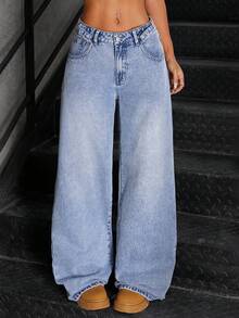SHEIN ICON Pantalones vaqueros de pierna ancha lavados informales - Azul - Ver 2