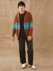 Men Varsity Cardigan Sweater - Brown - View 6