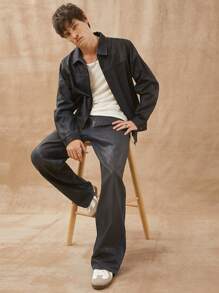 Men Premium Cotton Denim Dark Coated Straight Leg Jeans