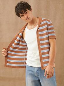 男士条纹毛衣针织纽扣开衫