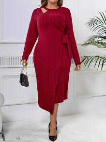 Celure Große Größen Rundhalsausschnitt Langarm Figurbetontes Kleid mit asymmetrischem Saum und Wickelband, thermisch gefüttert