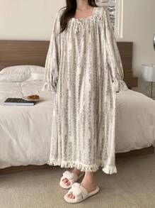 DAZY Floral Print Long Nightgown With Ruffle Hem Tassel Pajama, Moo Moo Sleep Dress, Fall, Winter - Beige - View 1