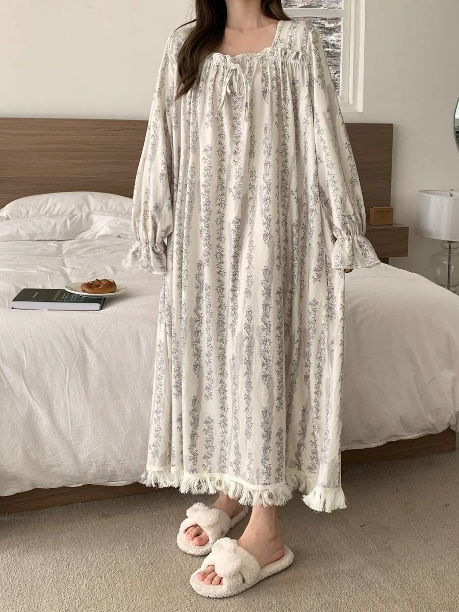 DAZY Floral Print Long Nightgown With Ruffle Hem Tassel Pajama, Moo Moo Sleep Dress, Fall, Winter - Beige - View 1