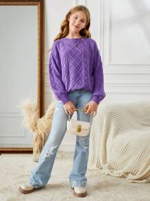 SHEIN Teenager Mädchen Vintage gehäkelter langer Pullover, lockerer Rundhals Lässig Premium Pullover für Winter & Herbst