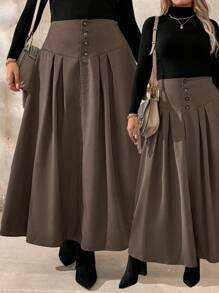 Calvaya Plus Size Solid Color Front Button Elegant Skirt, Autumn Winter Maxi Women - Rust Brown - View 1