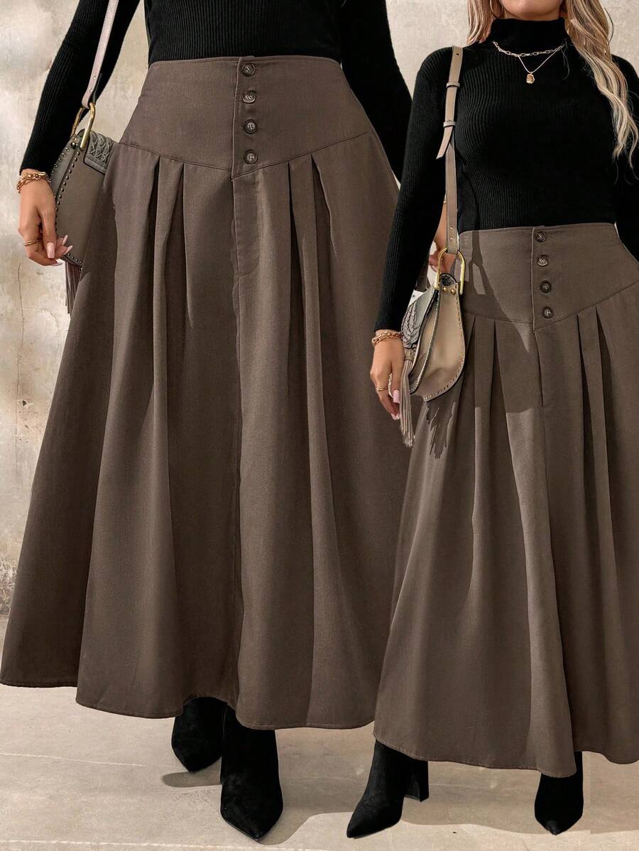Calvaya Plus Size Solid Color Front Button Elegant Skirt, Autumn Winter Maxi Women - Rust Brown - View 1