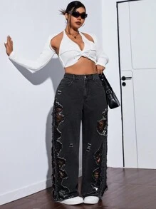 SHEIN ICON Quần Jeans Boyfriend Ống Rộng Thời Trang Cỡ Lớn Đã Giặt Cũ - màu đen - Xem 5