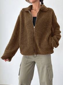 EURMUSE Teddy Fleece Jacket With Turn-down Collar, Diagonal Pockets And Zipper - Camel - View 3