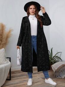 SHEIN LUNE Áo khoác hoodie thường ngày cổ bẻ buộc eo màu trơn cỡ lớn - màu đen - Xem 4
