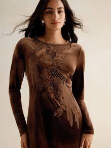Anewsta Women Velvet Embroidered Hollow Out Elegant Mini Dress For Autumn/Winter