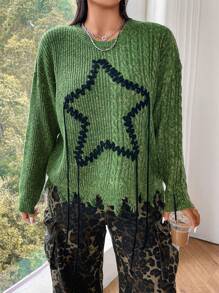 Flirla Plus Size Star Pattern Sweater Knit Pullover Fall Winter - Green - View 5