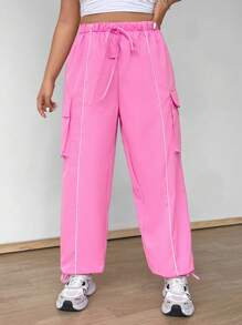 Flirla Plus Size Women's Elastic Waist Drawstring Cargo Pockets Pants With Contrast Trim Fall Cloth For Women - Pink - View 6