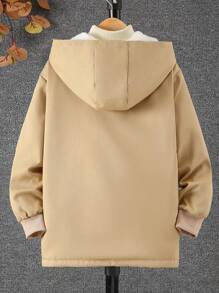 SHEIN Tween Boy Casual Solid Fleece Hooded Jacket, Fall/Winter - Khaki - View 2