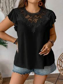 SHEIN Privé 大尺碼女士夏季刺繡領口短袖精美鬆身透氣襯衫