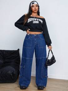 SHEIN ICON Plus Size Front Button Closure Multiple Pockets Casual Jeans, Everyday Wear