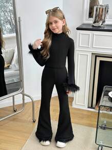 SHEIN Tween Girls Ribbed Mock Neck Long Sleeve Top And Flared Pants 2pcs Set - Black - View 6