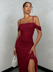 SHEIN BAE 女士性感甜美纯色细肩带荷叶边袖高开叉下摆吊带裙，夏季 - 酒紅色 - 查看 5