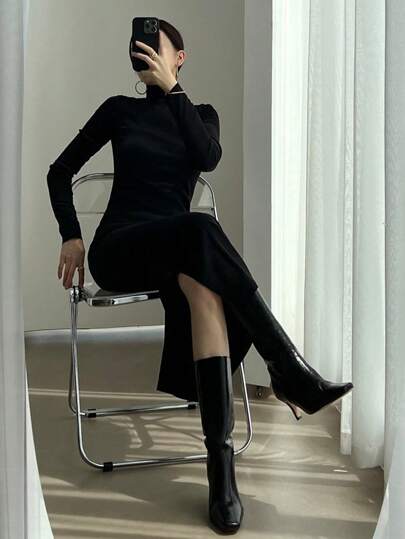 DAZY 女士纯色修身高领显瘦百搭长裙，春夏秋装，秋季女装长袖连衣裙