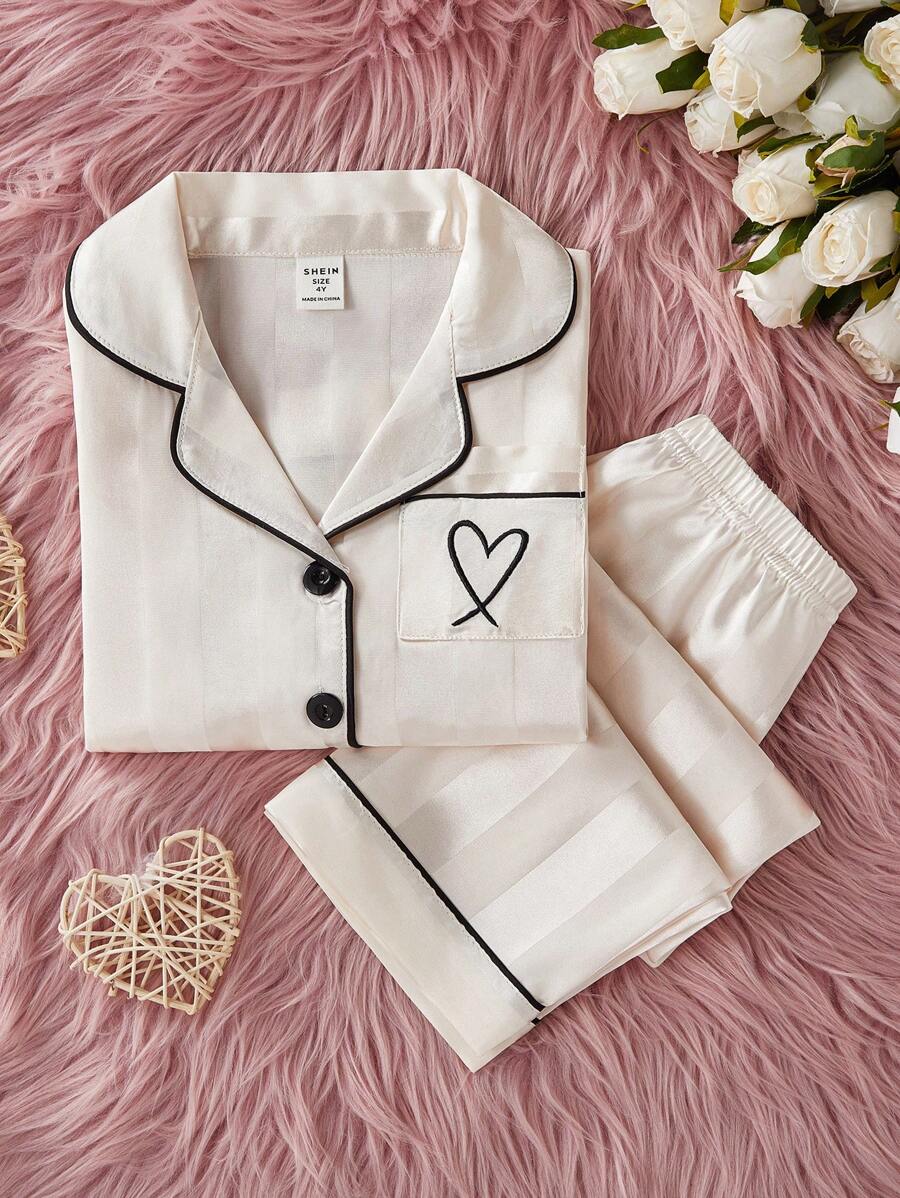 SHEIN Genkimix Kids 2 件套年轻女孩简约香槟色条纹长袖开衫和裤子家居套装 - 香檳色 - 查看 1