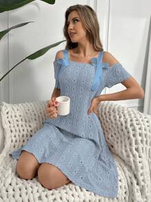 Satin Schleife Dekor V-Ausschnitt Kurzarm Strick Jacquard Damen Nachthemd - Blau - Übersicht 1